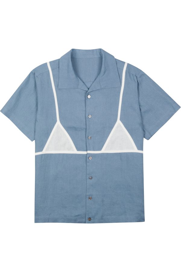 Unisex Bikini Bod Linen Bowling Shirt Blue For Discount - Image 2