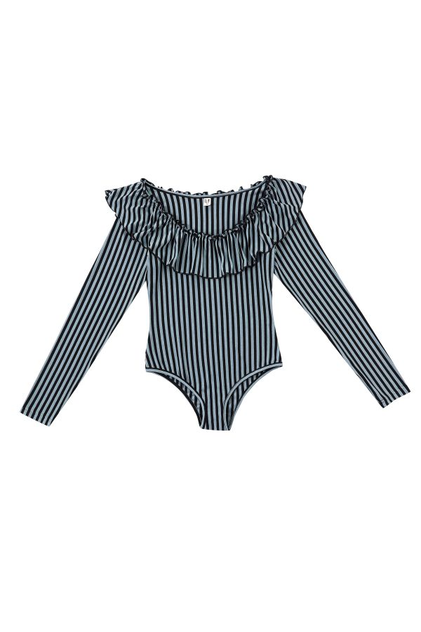 Blue Striped Tencel Wool Ruffle Leotard Fashion - Image 4