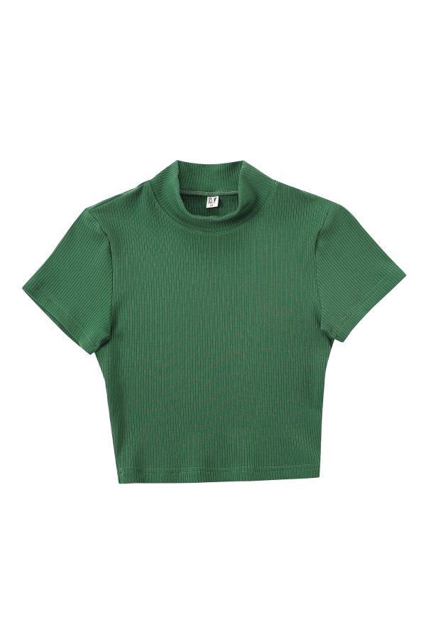 Green Tencel Rib Mock Neck T-Shirt For Cheap - Image 2