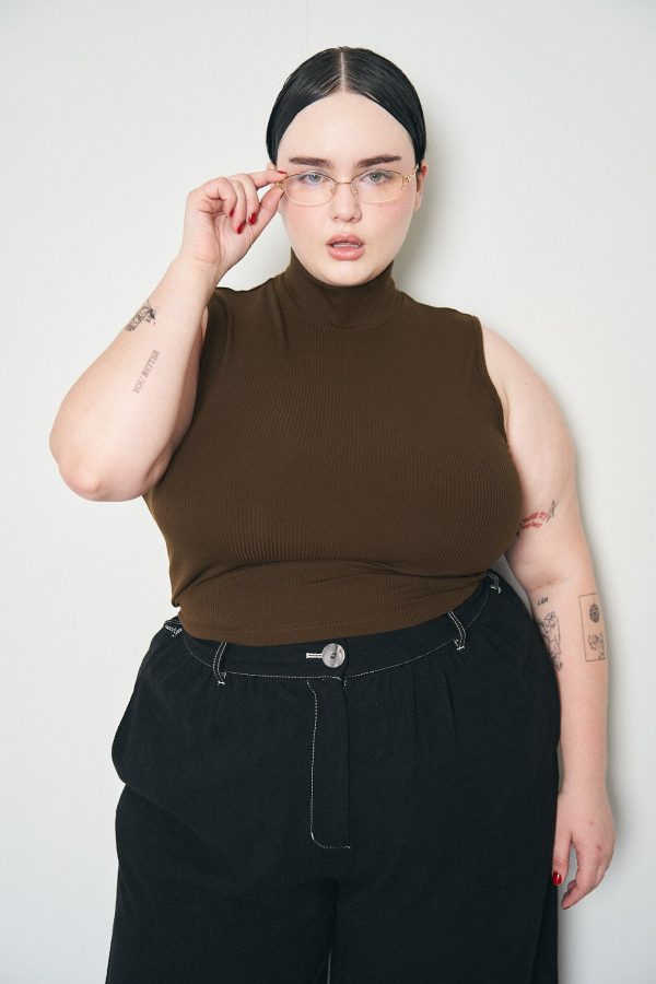 Coffee Tencel Rib Mock Neck Top For Cheap - Image 2