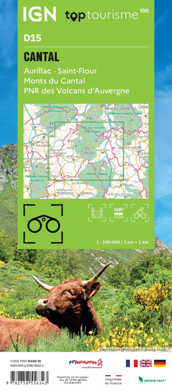 TOP 100 D15 tourist map - Cantal, Aurillac, St Flour, Monts du Cantal, Pnr of the Auvergne Volcanoes | IGN Sale - Image 2