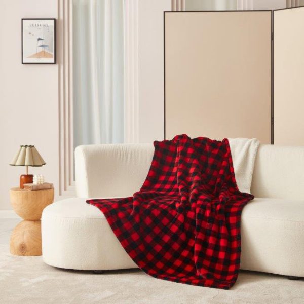 Red and Black Plaid Footed Fleece Throw DFF23247 For Sale